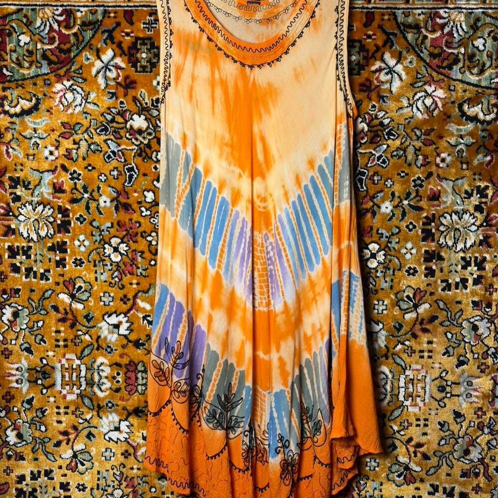 Boho Flowy Maxi Dress sz XL Orange and Blue Tie Dye Embroidered Details